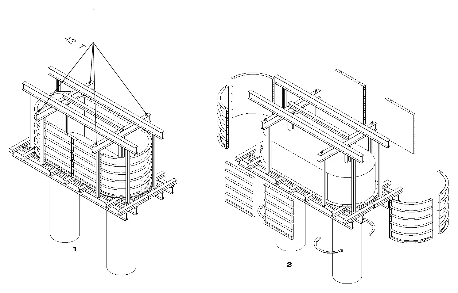 Formwork platforms, stages 1–2 · 模板台 1–2