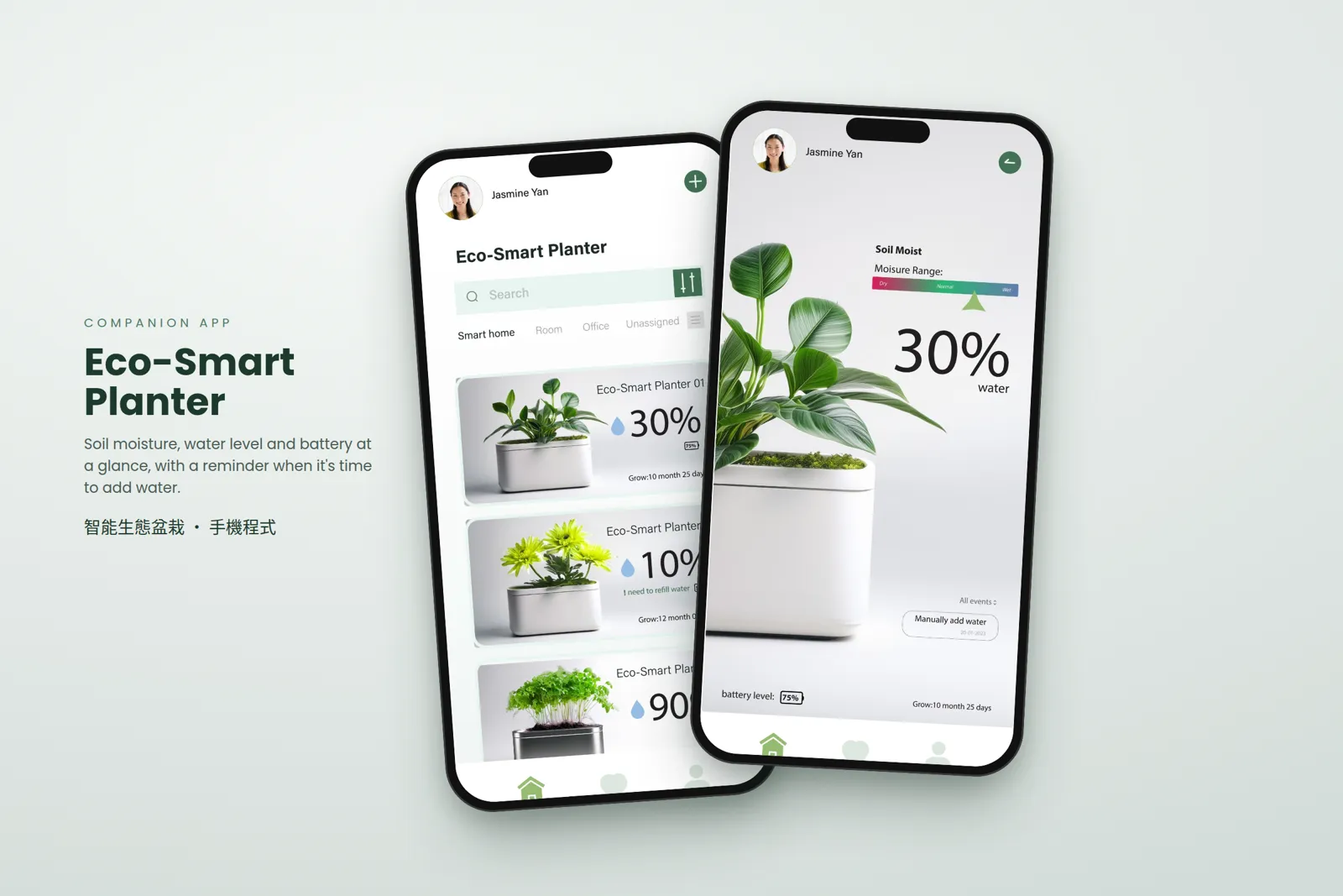 The companion app: soil moisture, water level and battery